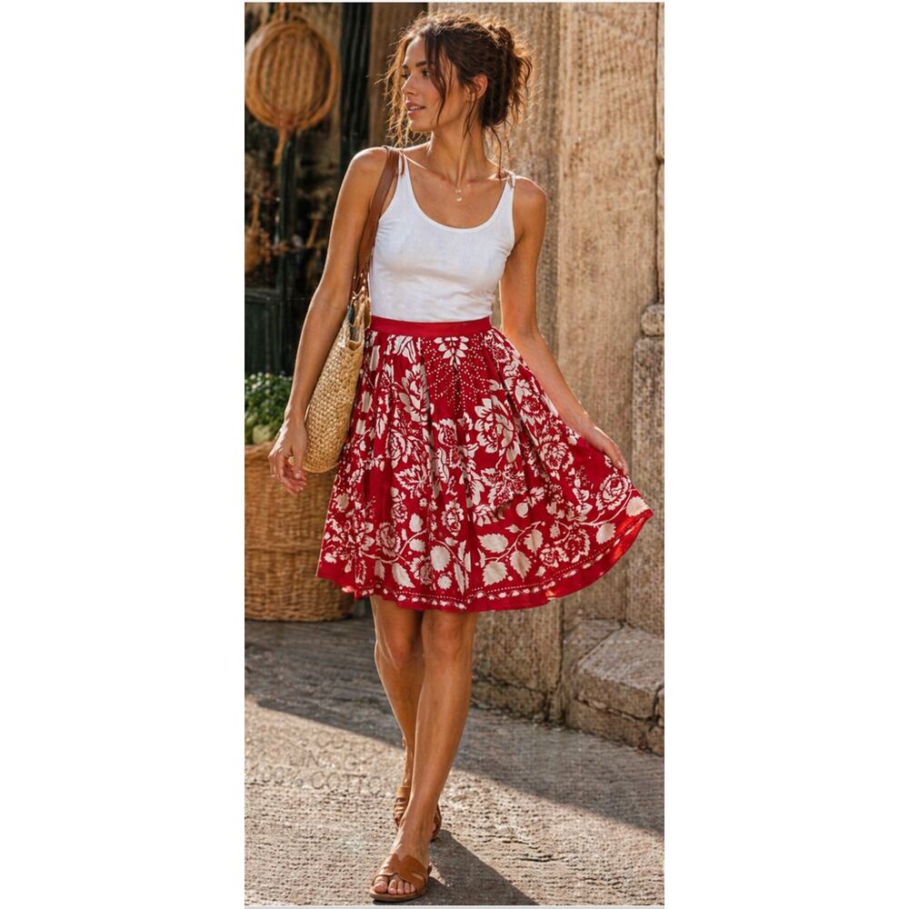 Anna Sui Red White Floral Cotton Wrap Skirt Vintage Style Size 8